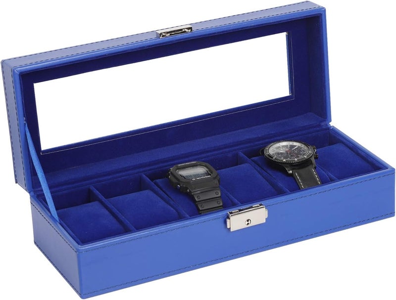 NEX Watch Case, 6 Slot Leather Watch Box Display Case Organizer Glass Jewelry Storage - Image 1